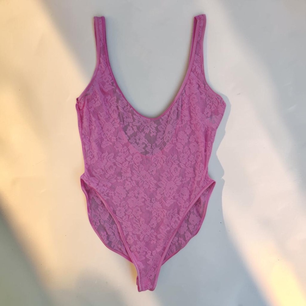 80s St Anna Pink Sheer Lace Bodysuit V Neck High Cut Lingerie Teddy Medium